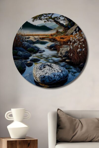 Teona Ahşap Στρογγυλό Ξύλινο Διακοσμητικό Τραπέζι με Ακουαρέλα Φυσικού Τοπίου...