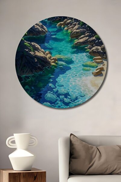 Teona Ahşap Στρογγυλό Ξύλινο Διακοσμητικό Πίνακα με Καθαρά Νερά και Πράσινο Χ...