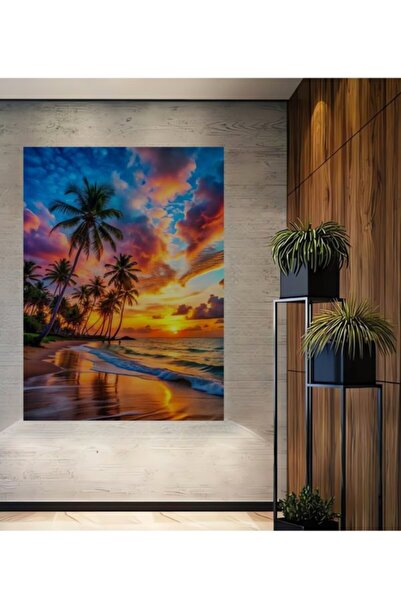 Teona Ahşap Τροπικό ηλιοβασίλεμα, φοίνικες, ελαιογραφία, ξύλινο διακοσμητικό ...
