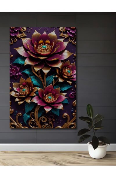 Teona Ahşap Διακοσμητικός πίνακας από ξύλο με χρυσόφυλλα μωβ άνθη λωτού και ε...