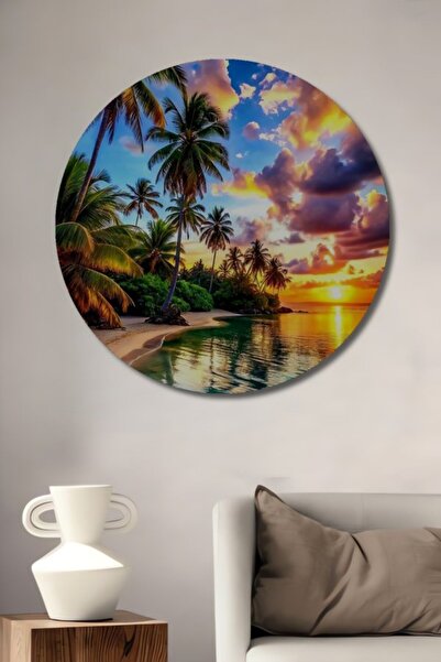 Teona Ahşap Στρογγυλό Ξύλινο Διακοσμητικό Τραπέζι με θέμα Τροπικό Ηλιοβασίλεμ...