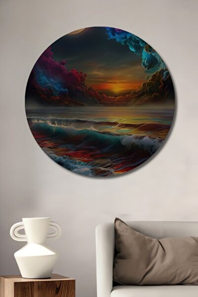 Teona Ahşap Στρογγυλό διακοσμητικό ξύλινο τραπέζι με ελαιογραφία με θέμα το φ...