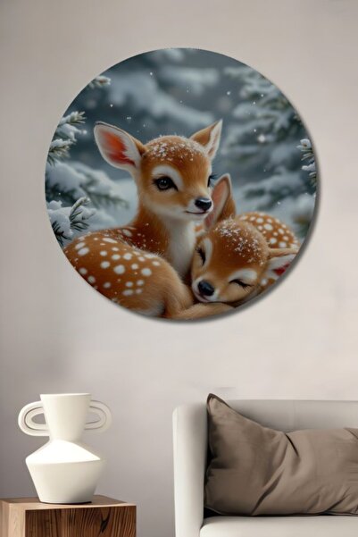 Teona Ahşap Στρογγυλό Ξύλινο Διακοσμητικό Τραπέζι με Ελαιογραφία με θέμα τα Χ...