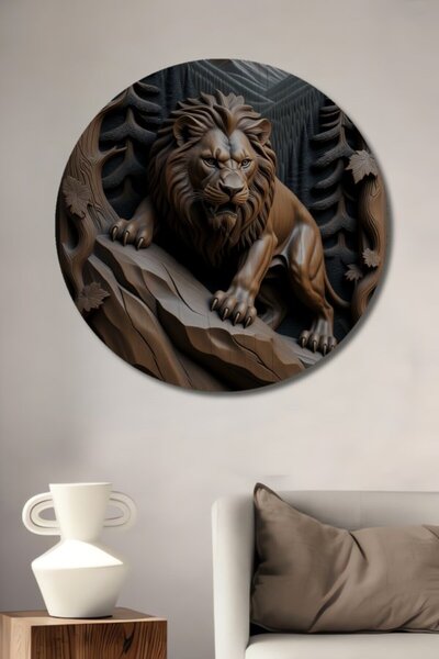 Teona Ahşap Στρογγυλό Ξύλινο Διακοσμητικό Τραπέζι με Σκαλιστό Τοπίο Λιονταριο...