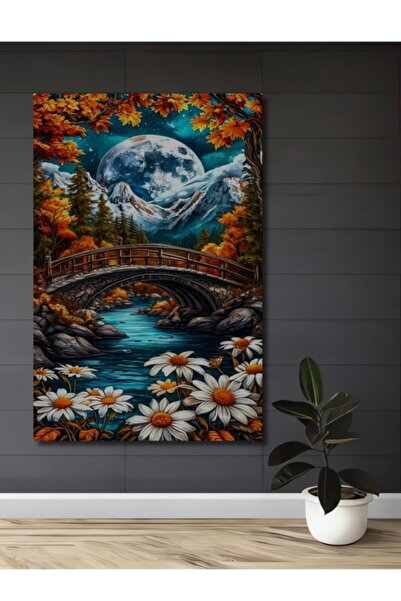 Teona Ahşap Μαγικό τοπίο πανσελήνου με γέφυρα και λουλούδια, ξύλινο διακοσμητ...