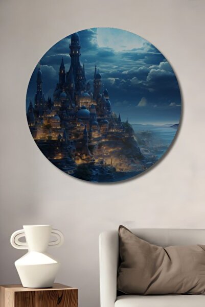 Teona Ahşap Στρογγυλό Ξύλινο Πίνακα Τέχνης με Θέα Μυστηριώδες Κάστρο, Ελαιογρ...