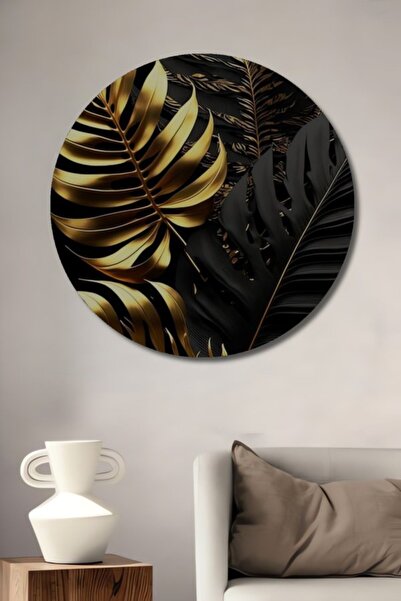 Teona Ahşap Στρογγυλό Ξύλινο Διακοσμητικό Πίνακα με Χρυσό Μοτίβο Φύλλων, Μοντ...