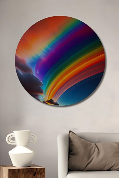 Teona Ahşap Στρογγυλό Ξύλινο Διακοσμητικό Τραπέζι με Ελαιογραφία Ονειρικού Τό...