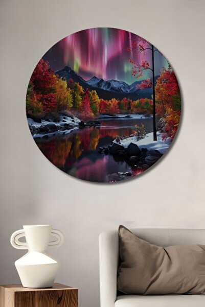 Teona Ahşap Στρογγυλό Ξύλινο Διακοσμητικό Τραπέζι με Ελαιογραφία Υπέροχων Βόρ...