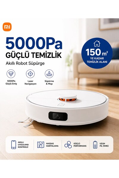 Xiaomi 5000 Pa Yüksek Emiş Güçlü Lazer Navigasyonlu Akıllı Robot Süpürge, Uyg...