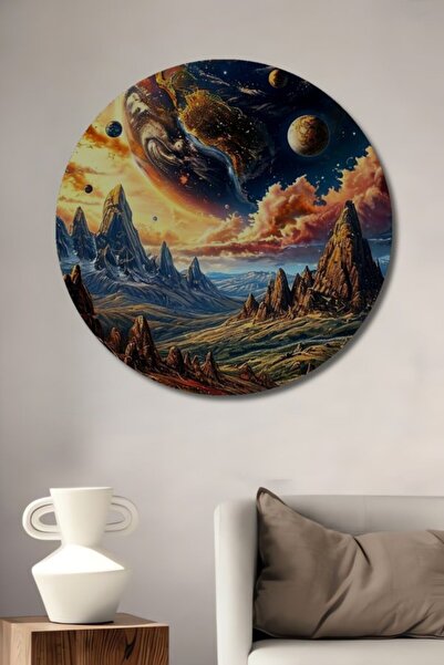 Teona Ahşap Στρογγυλό Ξύλινο Διακοσμητικό Τραπέζι με Ελαιογραφία Γαλαξιακού Τ...