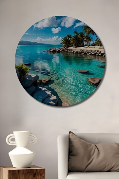 Teona Ahşap Στρογγυλό Ξύλινο Διακοσμητικό Πίνακα με Ακουαρέλα Θέα Θάλασσας στ...