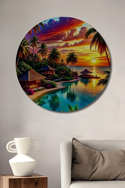 Teona Ahşap Στρογγυλό ξύλινο διακοσμητικό τραπέζι με τροπικό τοπίο ηλιοβασιλέ...