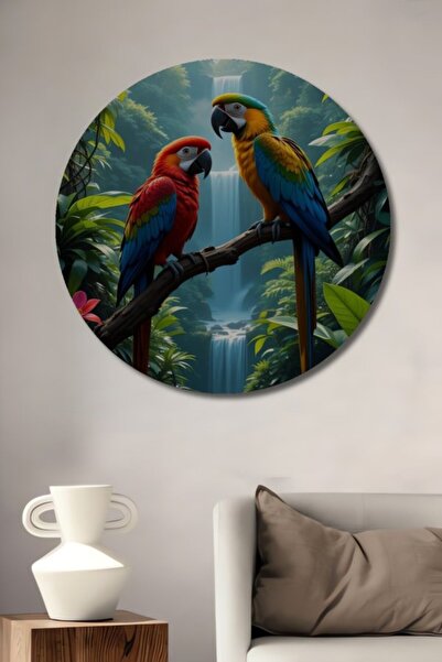 Teona Ahşap Στρογγυλό Ξύλινο Διακοσμητικό Τραπέζι με Ελαιογραφία Παπαγάλων το...