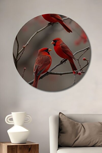 Teona Ahşap Στρογγυλό Ξύλινο Τραπέζι με Τρία Κόκκινα Καρδινάλια Πουλιά και Λο...