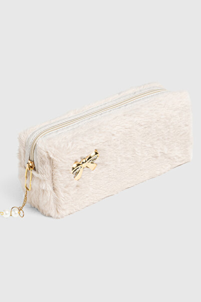 Mypolo Plush Fabric Bowknot Detailed Pencil Case and Makeup Bag with Pearls -...