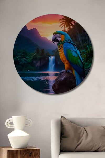 Teona Ahşap Στρογγυλό Ξύλινο Διακοσμητικό Τραπέζι με Ελαιογραφία Παπαγάλου Τρ...