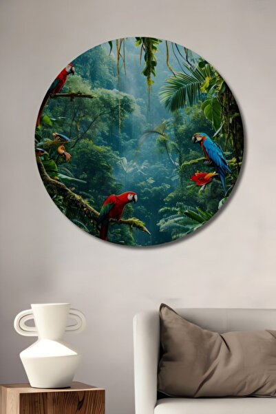 Teona Ahşap Στρογγυλό Ξύλινο Διακοσμητικό Τραπέζι με Ελαιογραφία Παπαγάλων απ...