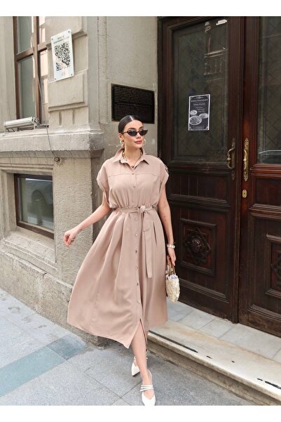 Paraf style Γυναικείο πουκάμισο με γιακά και ζώνη, φόρεμα μίντι μήκους