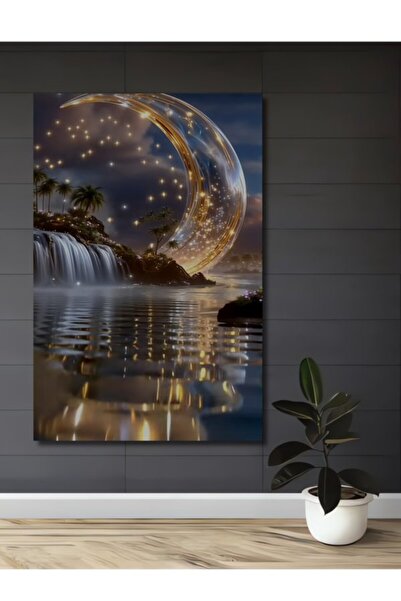 Teona Ahşap Μαγικό τοπίο με φεγγάρι και καταρράκτη, ελαιογραφία με εφέ ελαιογ...