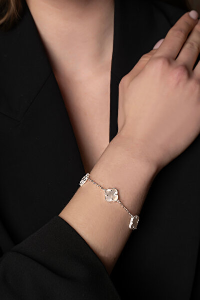 LUNAERA JEWELRY 925 Ayar Gümüş Beyaz Taşlı Dört Yapraklı Yonca Bileklik – Min...