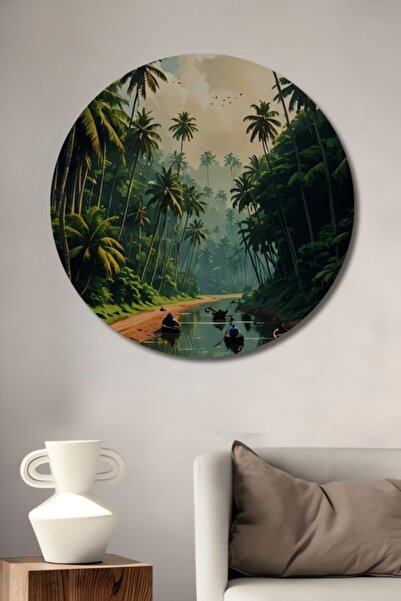 Teona Ahşap Στρογγυλό ξύλινο τραπέζι με ελαιογραφία με θέμα την πορεία με καν...