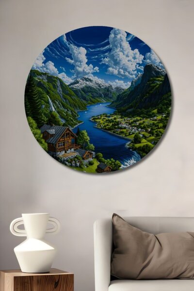 Teona Ahşap Στρογγυλό Ξύλινο Διακοσμητικό Τραπέζι με Τοπίο Φιορτ, Κατάλληλο γ...