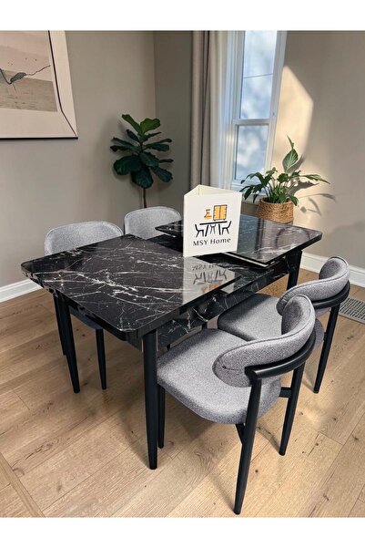 MSY HOME 4 Kişilik Lina A.Gri Kumaş 80*130 Siyah Mermer Açılır Masa Sandalye ...