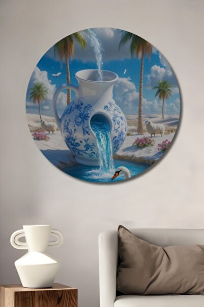 Teona Ahşap Στρογγυλό Μεγάλο Βάζο και Ξύλινο Διακοσμητικό Τραπέζι με Σχέδιο Κ...