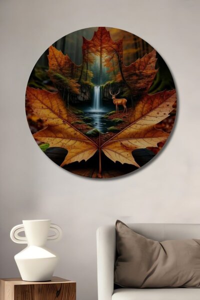 Teona Ahşap Στρογγυλό Ξύλινο Διακοσμητικό Πίνακα  "Μαγικό Δάσος του Φθινοπώρο...