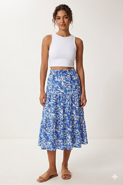 sharin Women's Summer Elastic Waist Patterned Midi Length Viscose Skirt 3D-2386