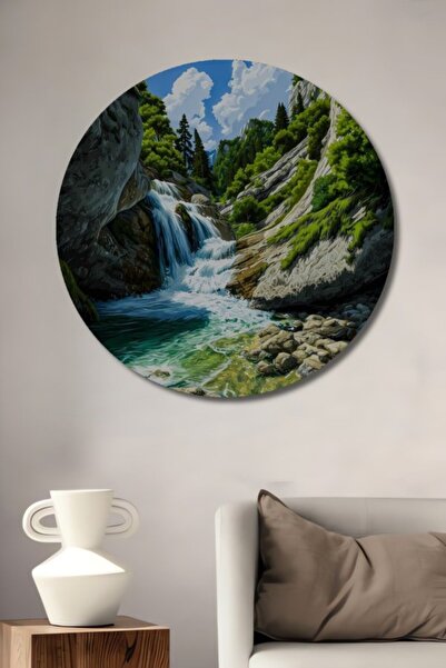 Teona Ahşap Στρογγυλό Ξύλινο Διακοσμητικό Τραπέζι με Σκηνικό Καταρράκτη και Ε...