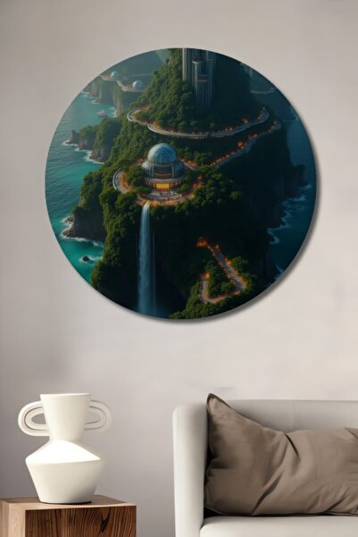 Teona Ahşap Στρογγυλό Φουτουριστικό Πίνακα με Ελαιογραφία Νησιώτικης Πόλης, Δ...