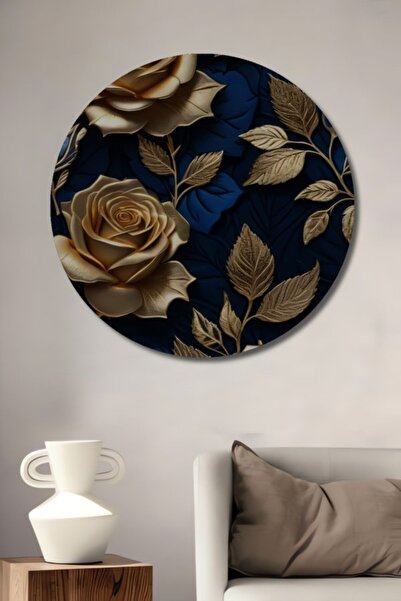 Teona Ahşap Στρογγυλό Ξύλινο Διακοσμητικό Τραπέζι με Χρυσό Σχέδιο Τριαντάφυλλ...