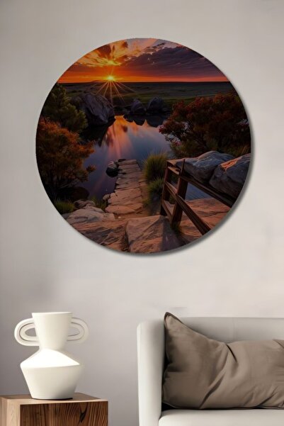 Teona Ahşap Στρογγυλό Ξύλινο Διακοσμητικό Τραπέζι με Σκηνικό Ηλιοβασιλέματος ...