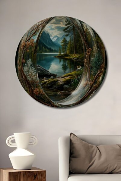 Teona Ahşap Στρογγυλό Ξύλινο Διακοσμητικό Πίνακα με Εφέ Ακουαρέλας και Κρυστά...