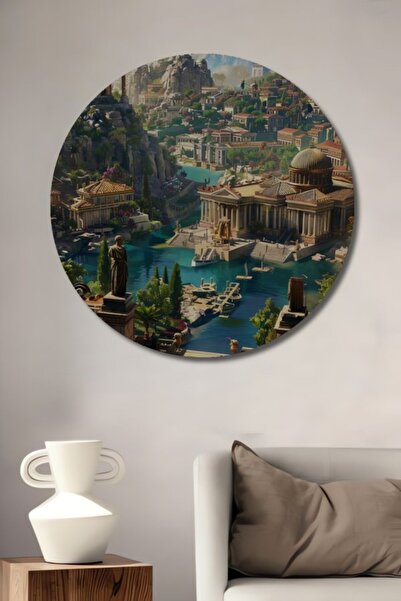 Teona Ahşap Στρογγυλό ξύλινο διακοσμητικό τραπέζι με ελαιογραφία με θέμα το α...