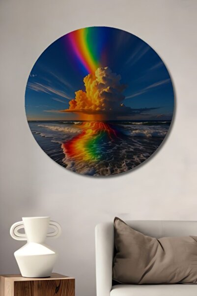 Teona Ahşap Στρογγυλό Ξύλινο Διακοσμητικό Τραπέζι με Ελαιογραφία με Κύματα Ου...