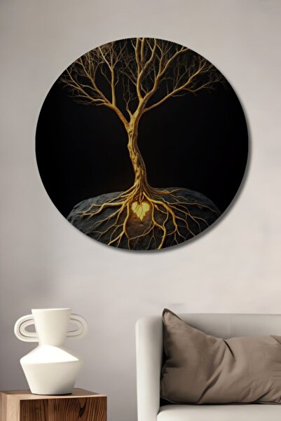 Teona Ahşap Στρογγυλό Ξύλινο Διακοσμητικό Πίνακα με Χρυσές Ρίζες και Ελαιογρα...