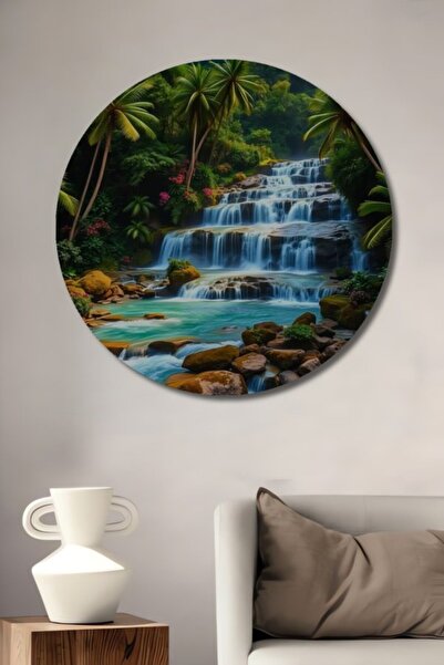 Teona Ahşap Στρογγυλό Ξύλινο Διακοσμητικό Τραπέζι με Ελαιογραφία Τροπικού Κατ...