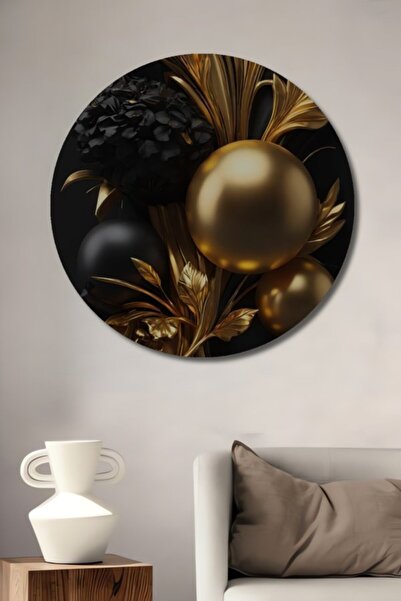 Teona Ahşap Στρογγυλό Ξύλινο Διακοσμητικό Τραπέζι με Χρυσό και Μαύρο Πολυτελέ...