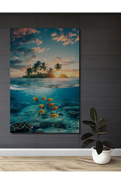 Teona Ahşap Τροπική Νησιωτική Παραλλαγή με Ψάρια, Ελαιογραφία με Ξύλινη Βάση,...