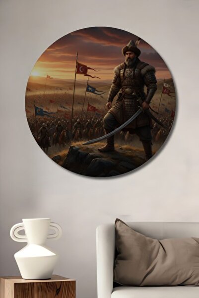 Teona Ahşap Στρογγυλό Ξύλινο Διακοσμητικό Τραπέζι με Ελαιογραφία Οθωμανού Πολ...