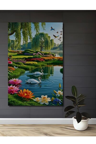 Teona Ahşap Πανέμορφο Τοπίο Λίμνης των Κύκνων με Ελαιογραφία, Ξύλινο Διακοσμη...