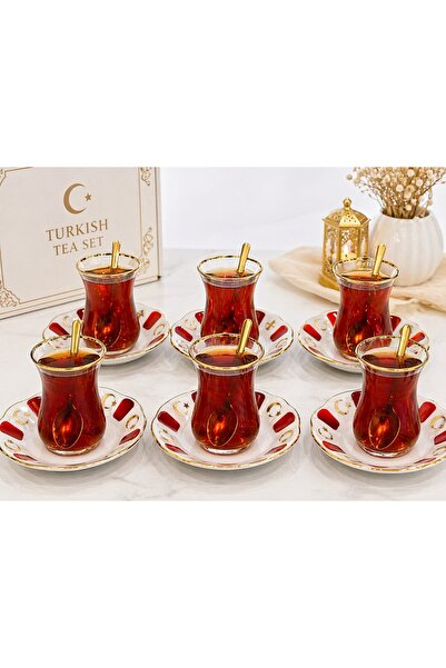 AYBABA STORE 6 Kişilik Türk Çay Seti Geleneksel Çay Bardağı Seti Şık Hediyeli...