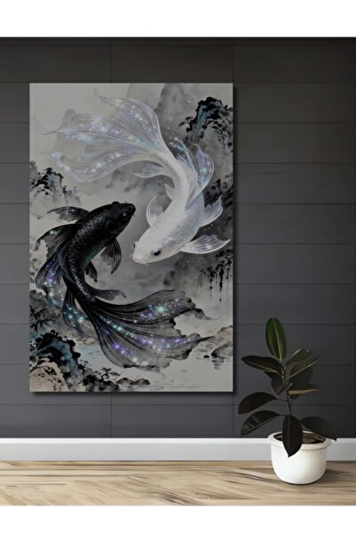 Teona Ahşap Μαύρο και άσπρο χρώμα ελαιογραφίας με ψάρια κόι, ξύλινο διακοσμητ...