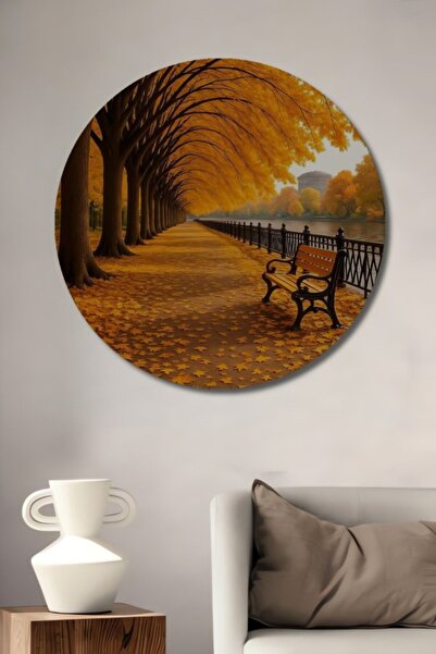 Teona Ahşap Στρογγυλό Ξύλινο Διακοσμητικό Τραπέζι με Ελαιογραφία σε Χρυσό Φθι...