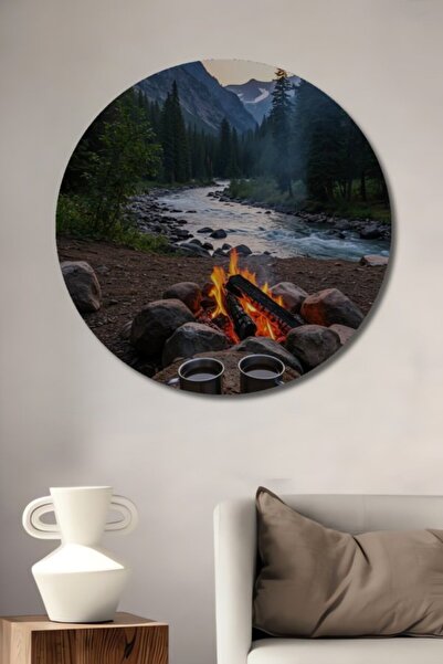 Teona Ahşap Στρογγυλό Ξύλινο Διακοσμητικό Τραπέζι με Θέμα Φωτιά Κατασκήνωσης ...