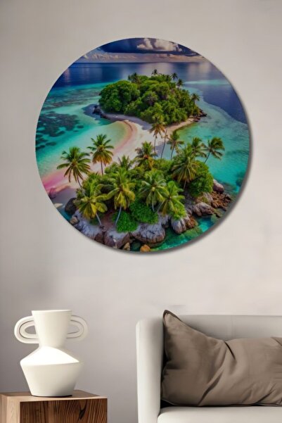 Teona Ahşap Στρογγυλό Ξύλινο Διακοσμητικό Τραπέζι με Ελαιογραφία σε Στυλ Τροπ...