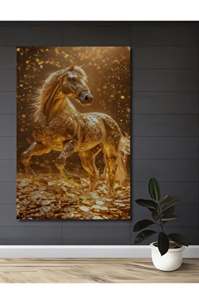 Teona Ahşap Ξύλινο Διακοσμητικό Πίνακα Μοντέρνας Τέχνης με Χρυσό Άλογο και Σω...